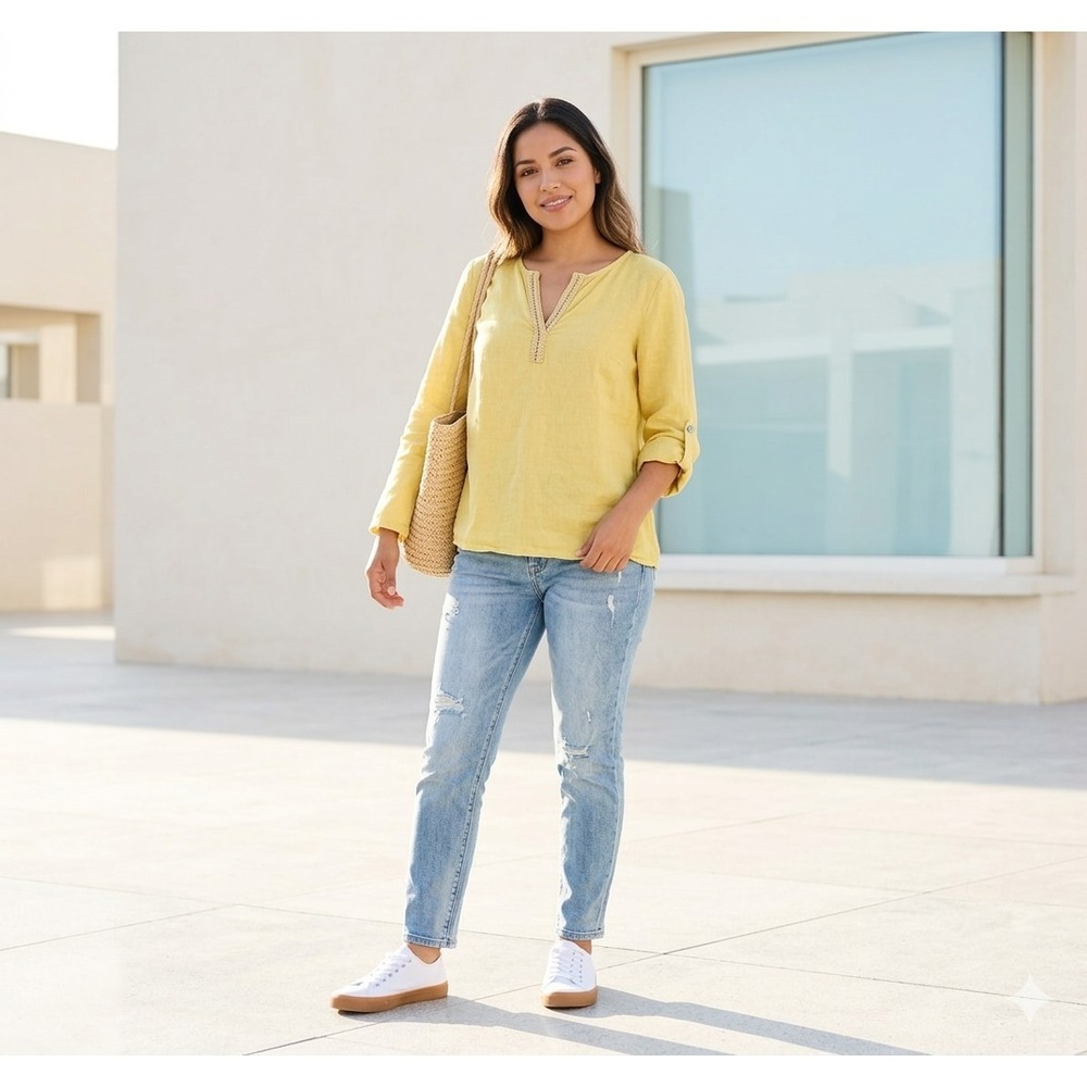 Terzo Millennio Yellow Linen Cotton‎ Beaded Tunic Blouse M Long Sleeve